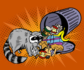 Raccoon eats from the trash. A garbage can of street thief and homeless. Pop art vector illustration on an orange background