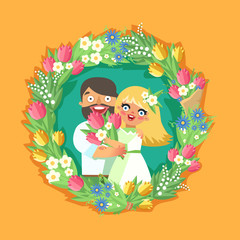 Loving couple in floral wreath