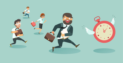 Crowd of businessmen running race. Workers run after the clock