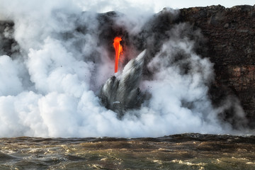 Close up of lava entry into ocean at Hawaii.