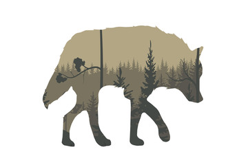 Illustration of walking wolf. Double exposure.