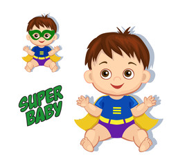 Illustration cute baby boy in the costume of a superhero. Vector illustration isolated on white background.