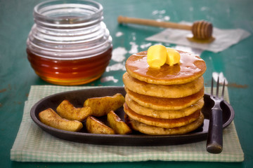 Pancakes apples and honey