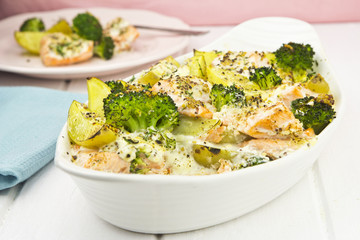 Salmon bake with broccoli and potatoes