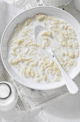 Breakfast milk soup with poured noodles