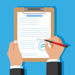 Illustration of signing the document in flat style.