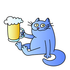 cat with a mug of beer. funny cartoon character. good evening. blue color. isolated vector illustration.
