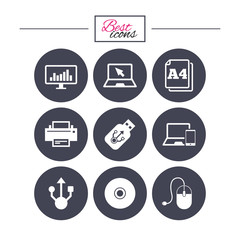 Computer devices icons. Printer, laptop signs.