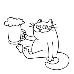 cat with a mug of beer. funny cartoon character. good evening. black and white colors. isolated vector illustration.
