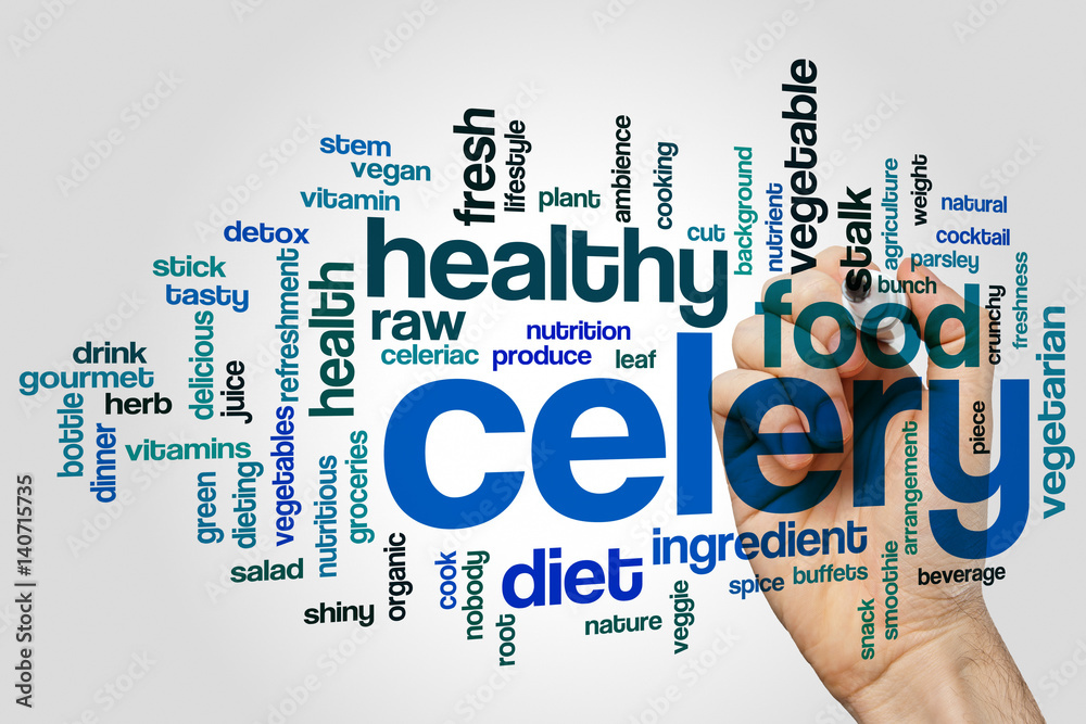 Poster celery word cloud concept on grey background