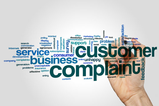Customer complaint word cloud on grey background