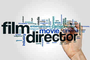 Film director word cloud concept on grey background