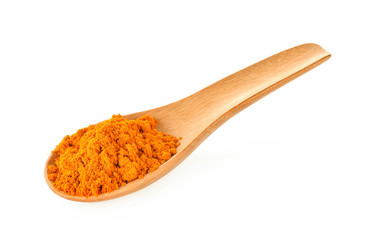 Turmeric powder in a wooden spoon on a white background