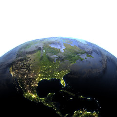 Fototapeta premium Central and North America at night on planet Earth