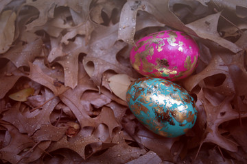 easter eggs isolated on dried grass for background, filtered tones
