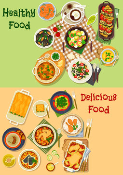 Meat, seafood dishes icon for healthy food design