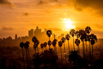Los Angeles and Palm Trees Sunset - obrazy, fototapety, plakaty