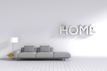 3d rendering : room Minimalist interior light and shadow with Gray fabric long sofa at front of  white wall and white floor. minimalism style wall background. HOME book shelf.