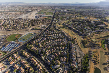 Aerial view of neighborhoods along Rampart Blvd in the Summerlin community of Las Vegas, Nevada. © trekandphoto