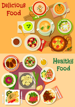 Soup, salad and meat dishes icon set design