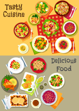 Fresh salad with vegetable, fish and meat icon set