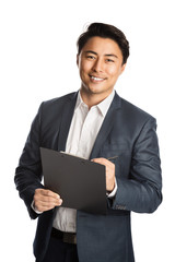 Attractive businessman in a blue suit and white shirt, holding a clipboard and a pen. Standing against a white background with a big toothy smile.