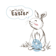 Happy easter concept of hand drawn cute rabbit holding egg on white background