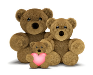 cute teddy bear family with mum, dad and child 3d render