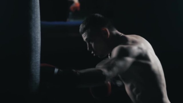 Male Boxer training in Boxing Club. Man punching bag