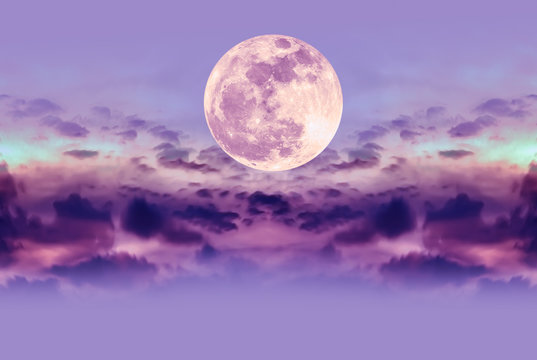 Nighttime sky with clouds and bright full moon with shiny.