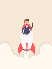 Businessman sitting in a rocket, concept of starting a business.