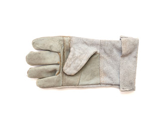 Closeup old fabric glove for construction worker isolated on white background