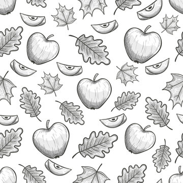 Monochrome sketch seamless pattern with red apples and leaves. Vector.