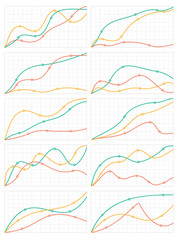 Set of stylish smooth line diagrams and graphs on the background of the grid