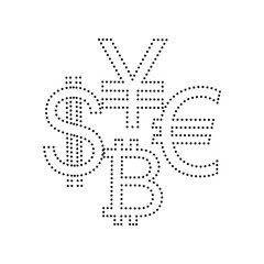 Currency sign collection dollar, euro, bitcoin, yen. Vector. Black dotted icon on white background. Isolated.
