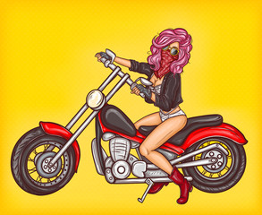 Obraz na płótnie Canvas Vector pop art pin up illustration of a sexy biker girl in lingerie and leather jacket sitting on a motorcycle