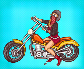 Fototapeta na wymiar Vector pop art pin up illustration of a sexy biker girl in leather jacket sitting on a motorcycle