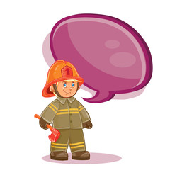 Vector icon of small child firefighter in fire protection suit. Design element, print for t-shirt