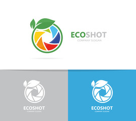 Vector of a camera shutter and leaf logo combination. Photography and eco symbol or icon. Unique photo and natural, organic logotype design template.