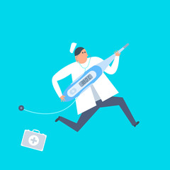 Doctor with a thermometer runs to a patient. First aid, ambulance, urgent care flat concept illustration. Medic and temperature measurement tool. Medicine, healthcare, treatment, vector design element