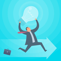 Businessman runs with lamp in hands. Business idea flat concept illustration. Man and bulb. Creative, Financial, innovation, progress, inspiration, marketing and management vector design element.