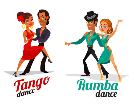 Two Vector Cartoon Illustrations Of A Couples Dancing Tango And Rumba Isolated On White Background. Element For The Advertising Poster Of The School Of Dance, Competitions In Latin American Dances