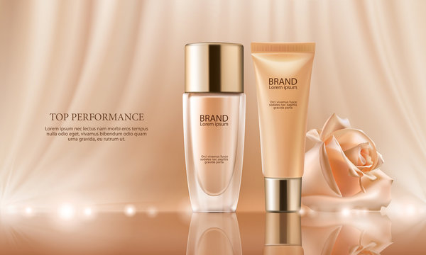 Vector 3D cosmetic illustration for the promotion of foundation premium product. Colorstay make-up in glass bottle and tube on a soft beige background with a rose