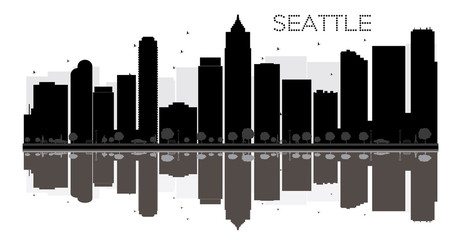 Obraz premium Seattle City Skyline czarno-biała sylwetka z odbiciami.