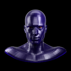 3D rendering. Faceted blue robot face with red eyes looking front on camera.