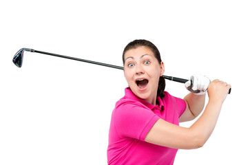 emotional happy girl with a golf club isolated on white background
