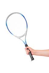 Tennis racket in the hand of the girl on a white background closeup