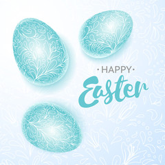 Happy easter poster, three blue eggs with hand drawing floral pattern