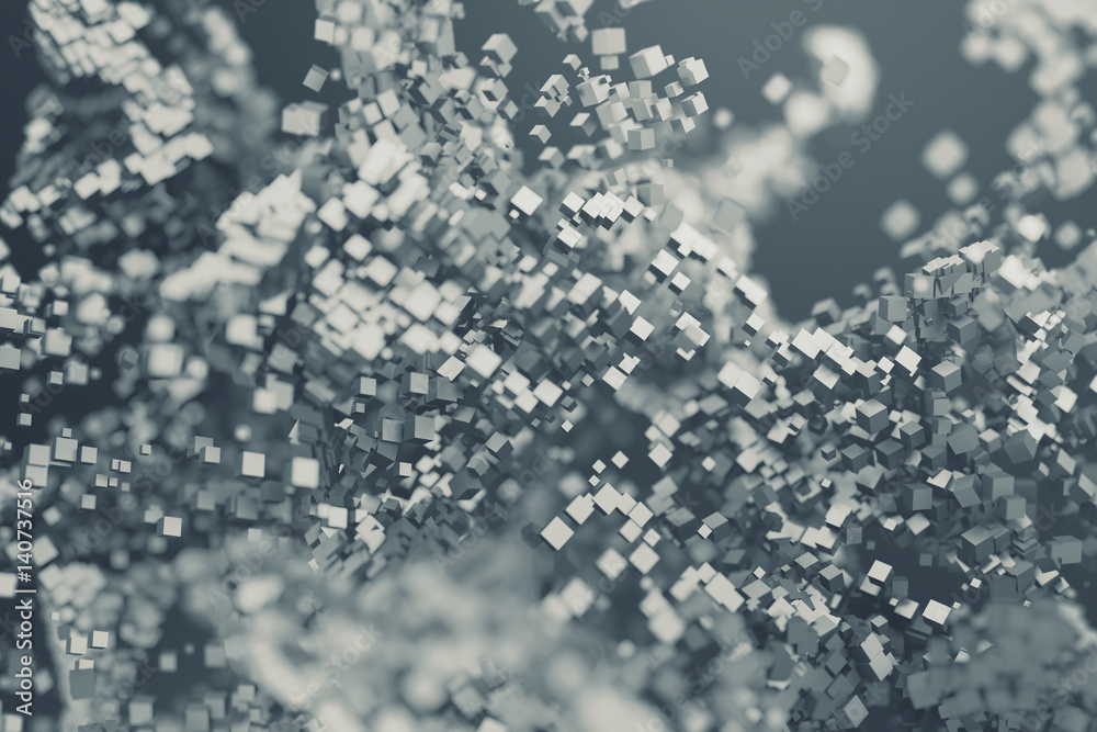 Poster abstract 3d rendering of chaotic particles. flying cubes in empty space. dynamic shape. futuristic b