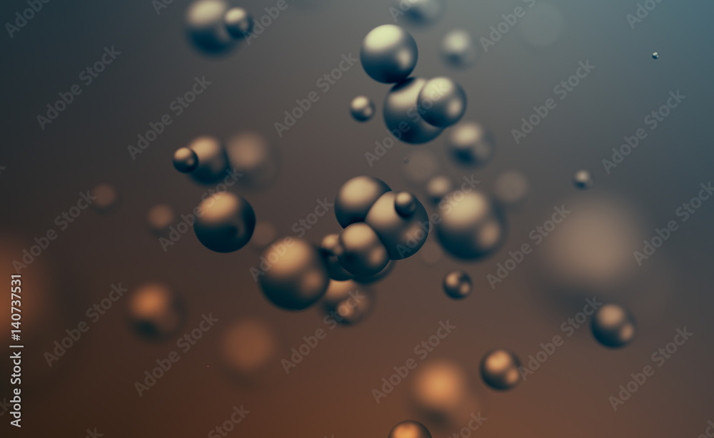 Poster abstract 3d rendering of chaotic spheres. flying particles in empty space. dynamic shape. futuristic